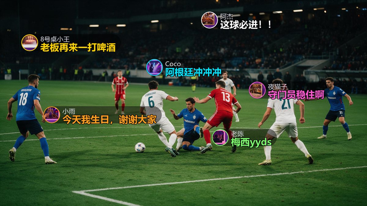 弹幕示意：球赛直播画面上飘着带头像昵称的彩色弹幕