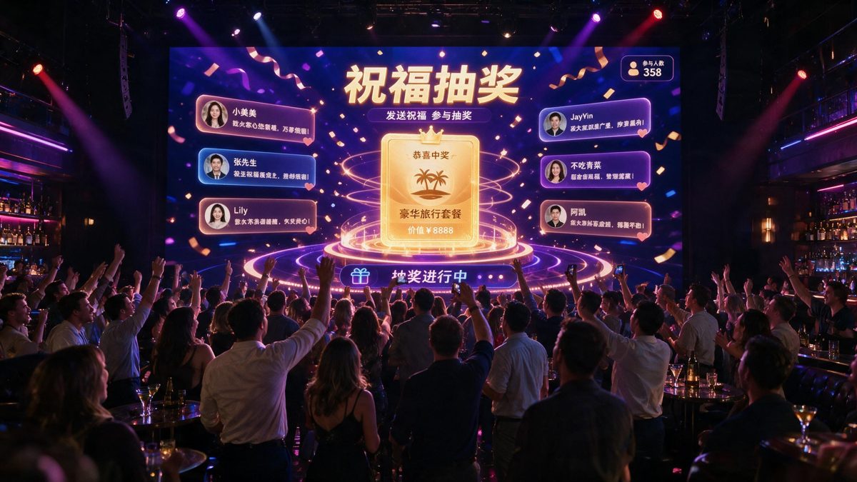 酒吧抽奖环节示意：大屏显示抽奖画面，客人举手欢呼